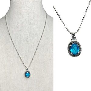 Vintage Genuine Marcasite Blue Faceted Crystal Silver Tone Pendant Necklace